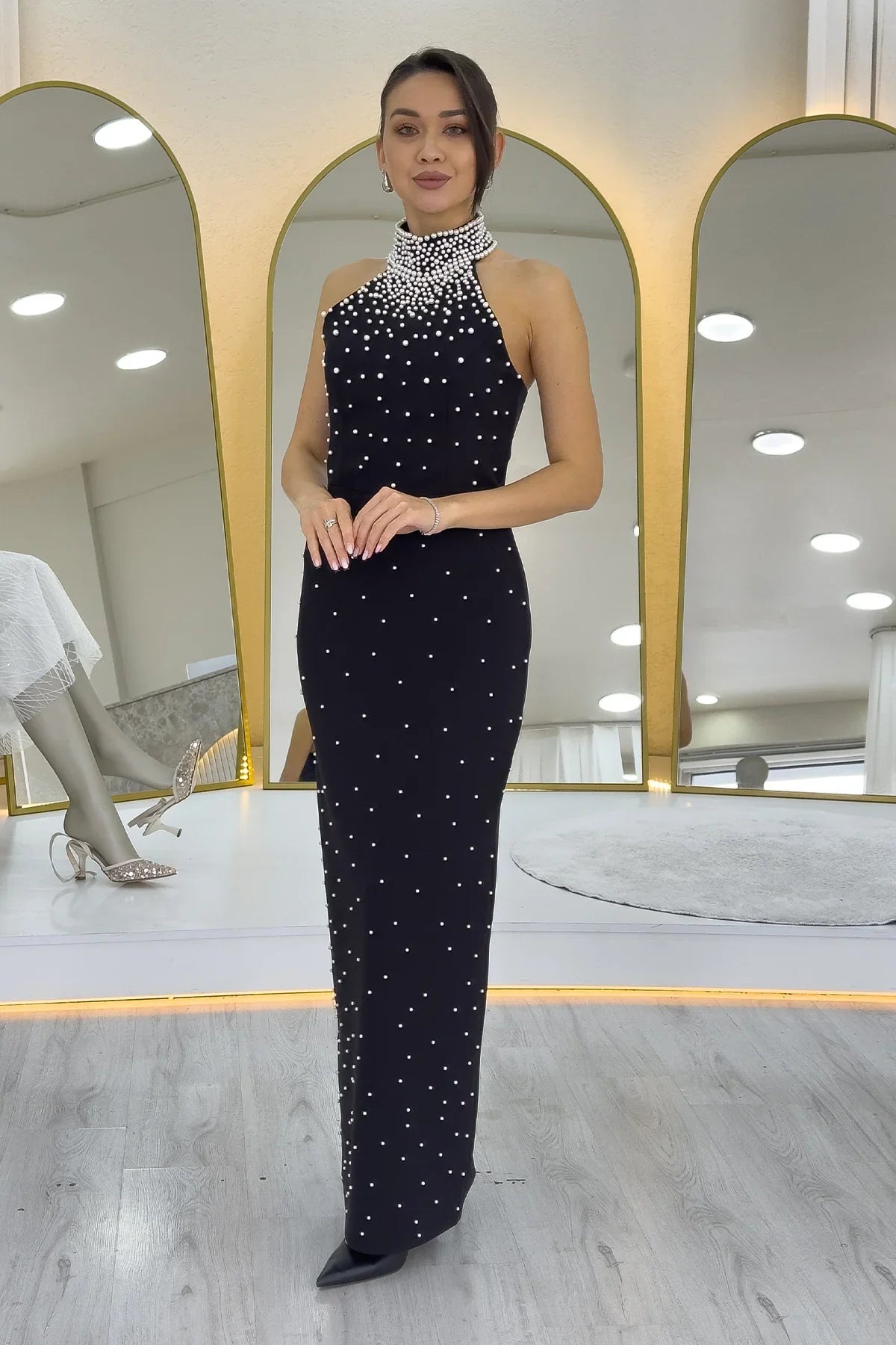 Women's Black Pearl Halter Neck Evening Gown