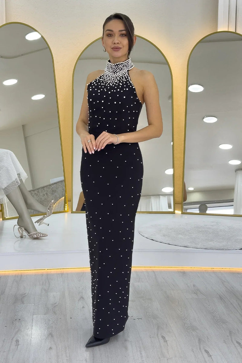 Women's Black Pearl Halter Neck Evening Gown
