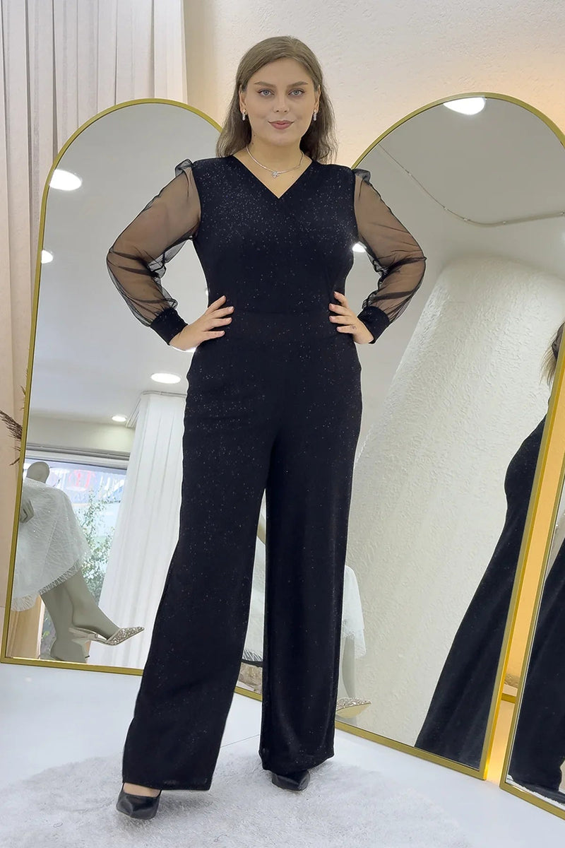 Women's Black Glitter Wrap Neck Tulle Sleeve Evening Gown Jumpsuit