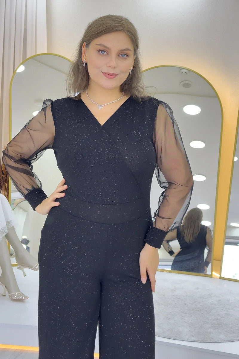 Women's Black Glitter Wrap Neck Tulle Sleeve Evening Gown Jumpsuit