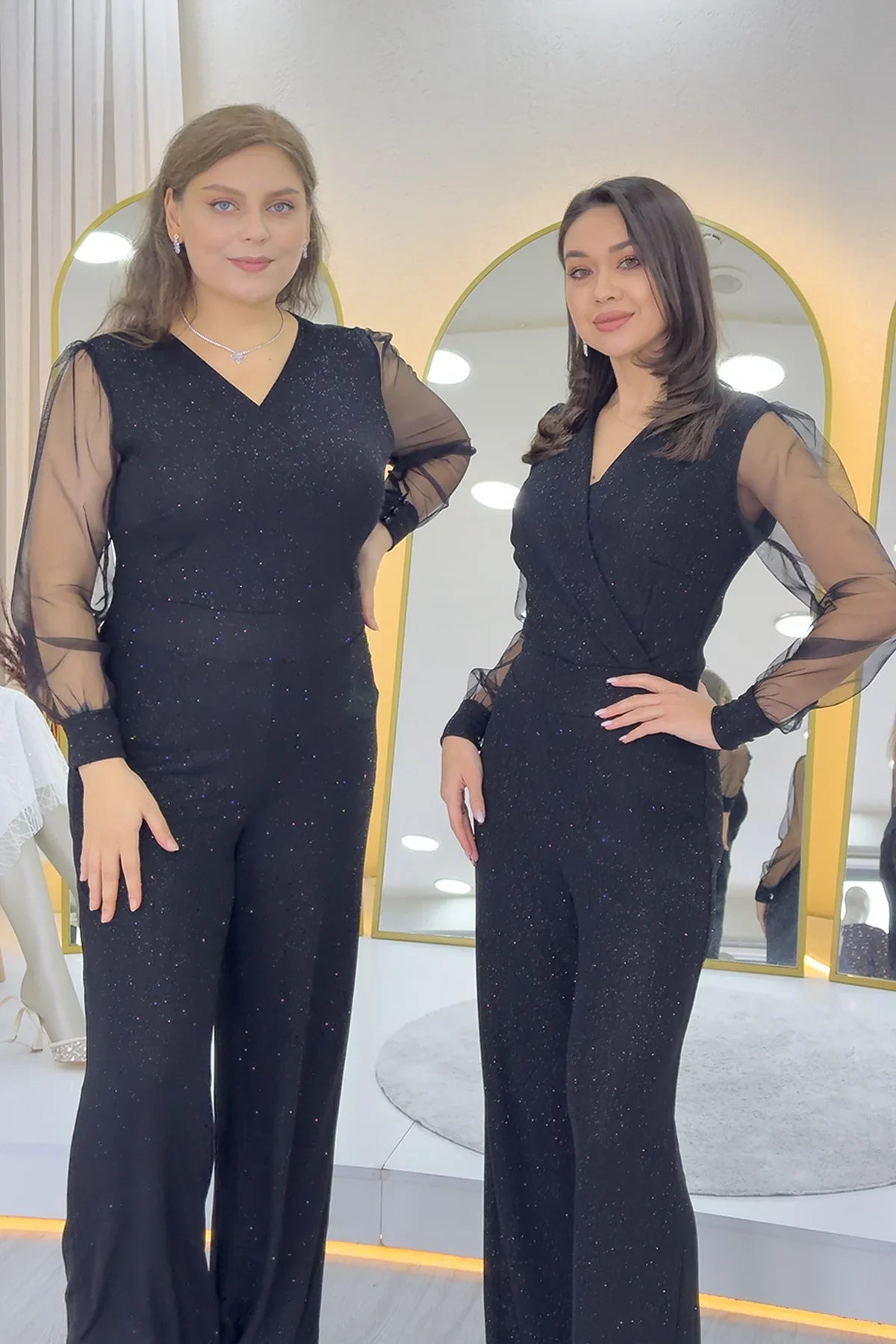 Women's Black Glitter Wrap Neck Tulle Sleeve Evening Gown Jumpsuit