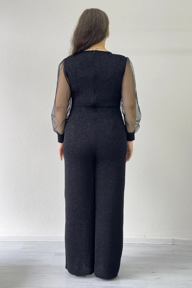 Women's Black Glitter Wrap Neck Tulle Sleeve Evening Gown Jumpsuit
