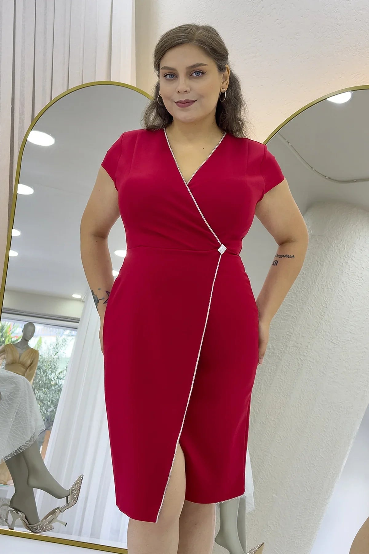 Women's Red Wrap Neck Midi Plus Size Dress