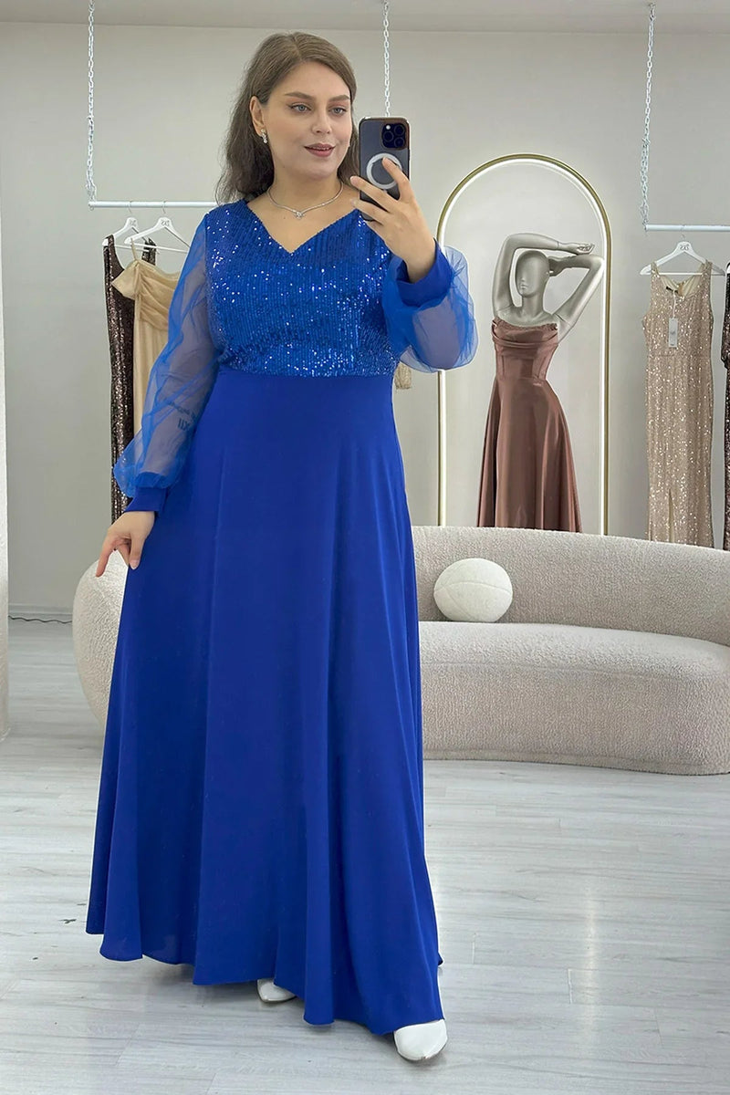 Women's Saxe Blue Sheer Sleeve Sequin Plus Size Evening Gown