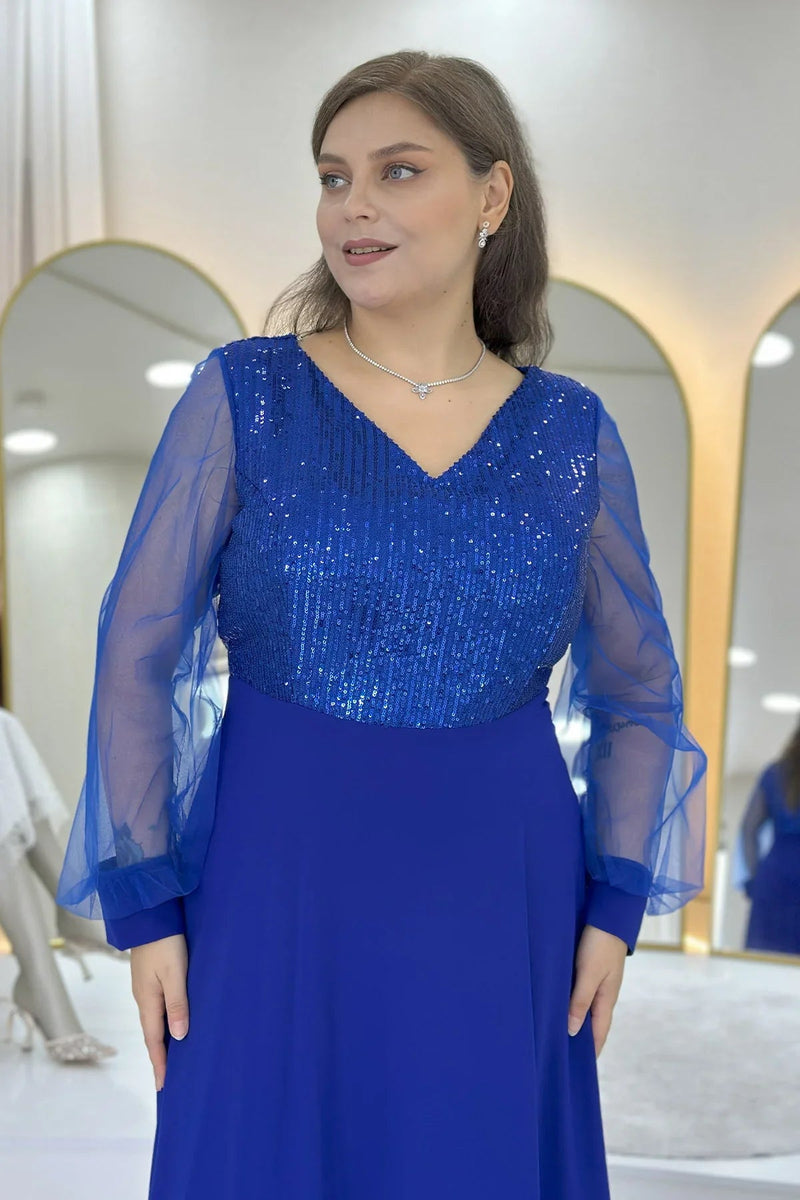 Women's Saxe Blue Sheer Sleeve Sequin Plus Size Evening Gown