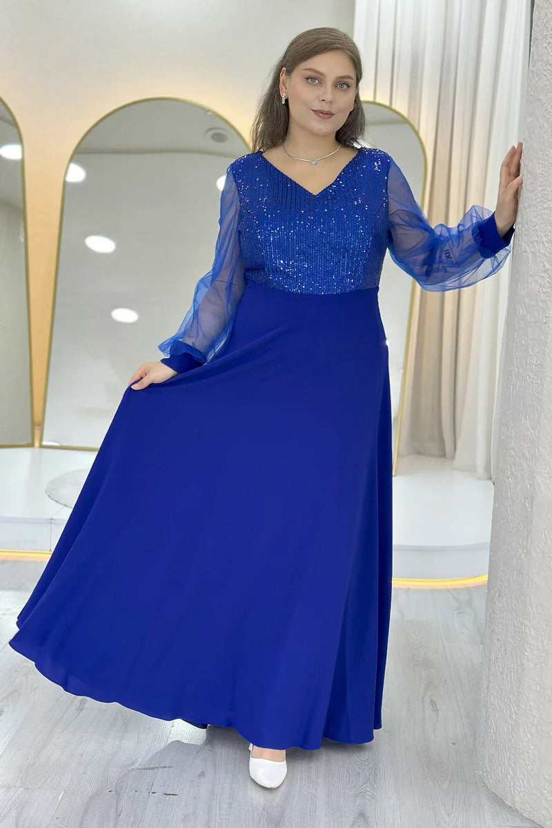 Women's Saxe Blue Sheer Sleeve Sequin Plus Size Evening Gown