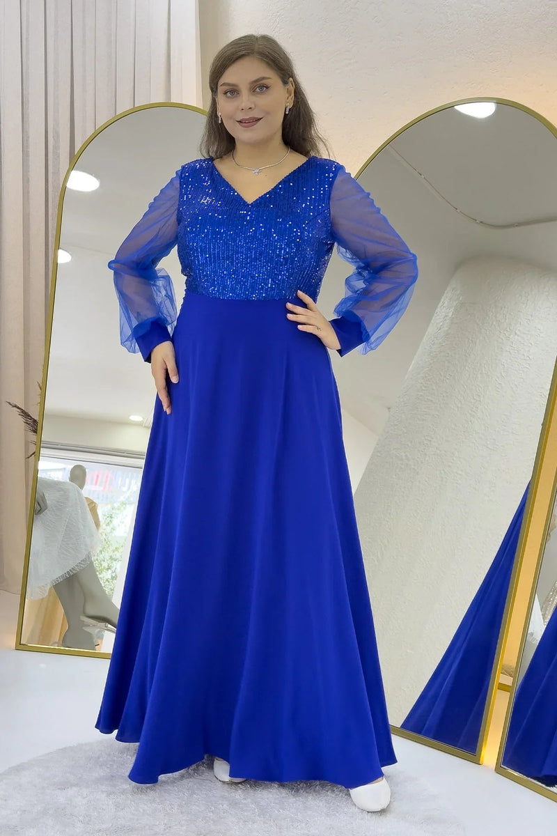 Women's Saxe Blue Sheer Sleeve Sequin Plus Size Evening Gown
