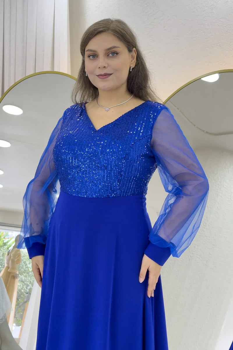 Women's Saxe Blue Sheer Sleeve Sequin Plus Size Evening Gown