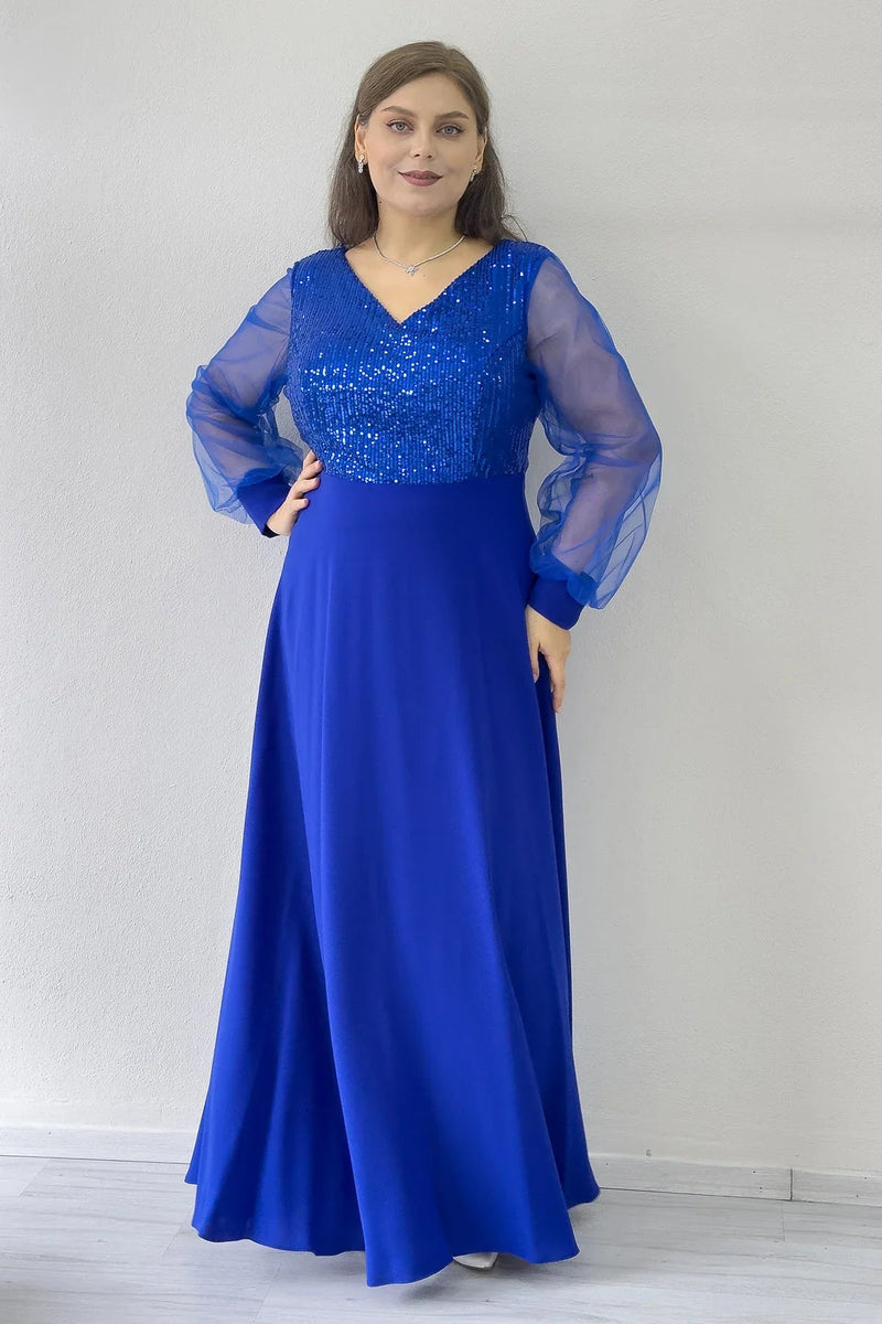 Women's Saxe Blue Sheer Sleeve Sequin Plus Size Evening Gown