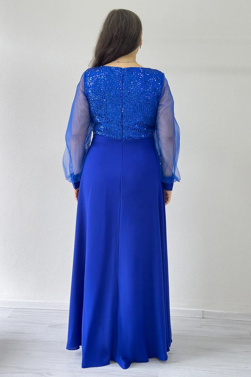 Women's Saxe Blue Sheer Sleeve Sequin Plus Size Evening Gown
