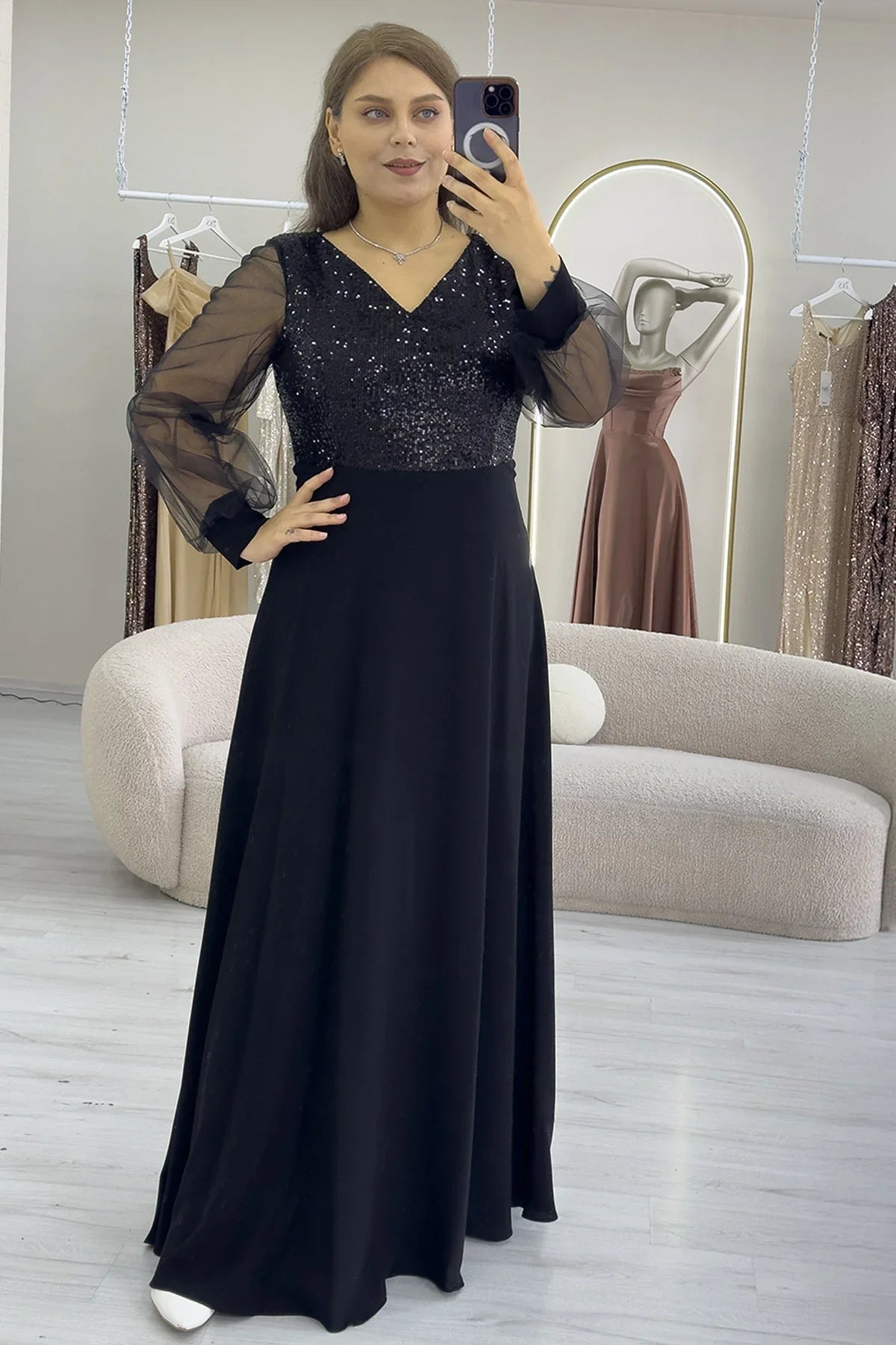 Women's Black Sheer Sleeve Sequin Plus Size Evening Gown