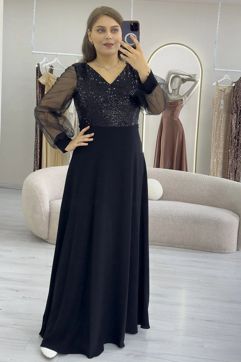 Women's Black Sheer Sleeve Sequin Plus Size Evening Gown