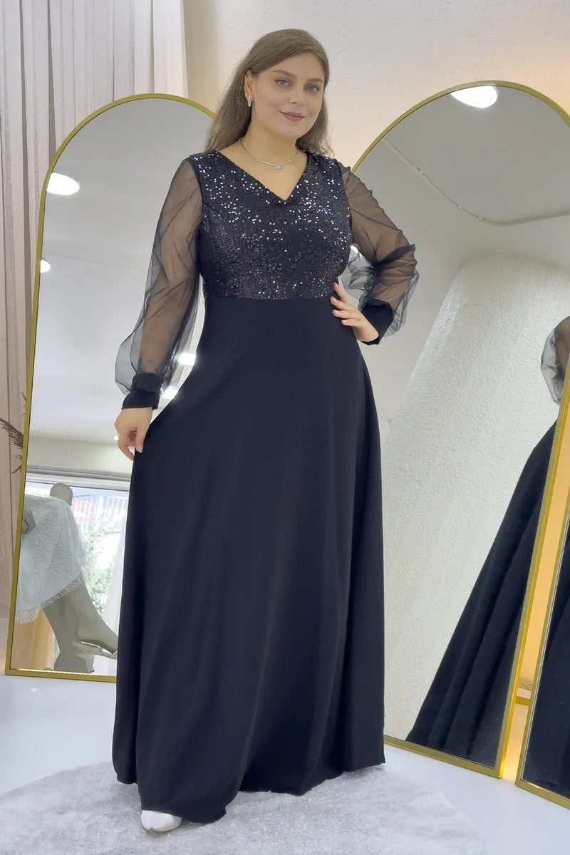Women's Black Sheer Sleeve Sequin Plus Size Evening Gown