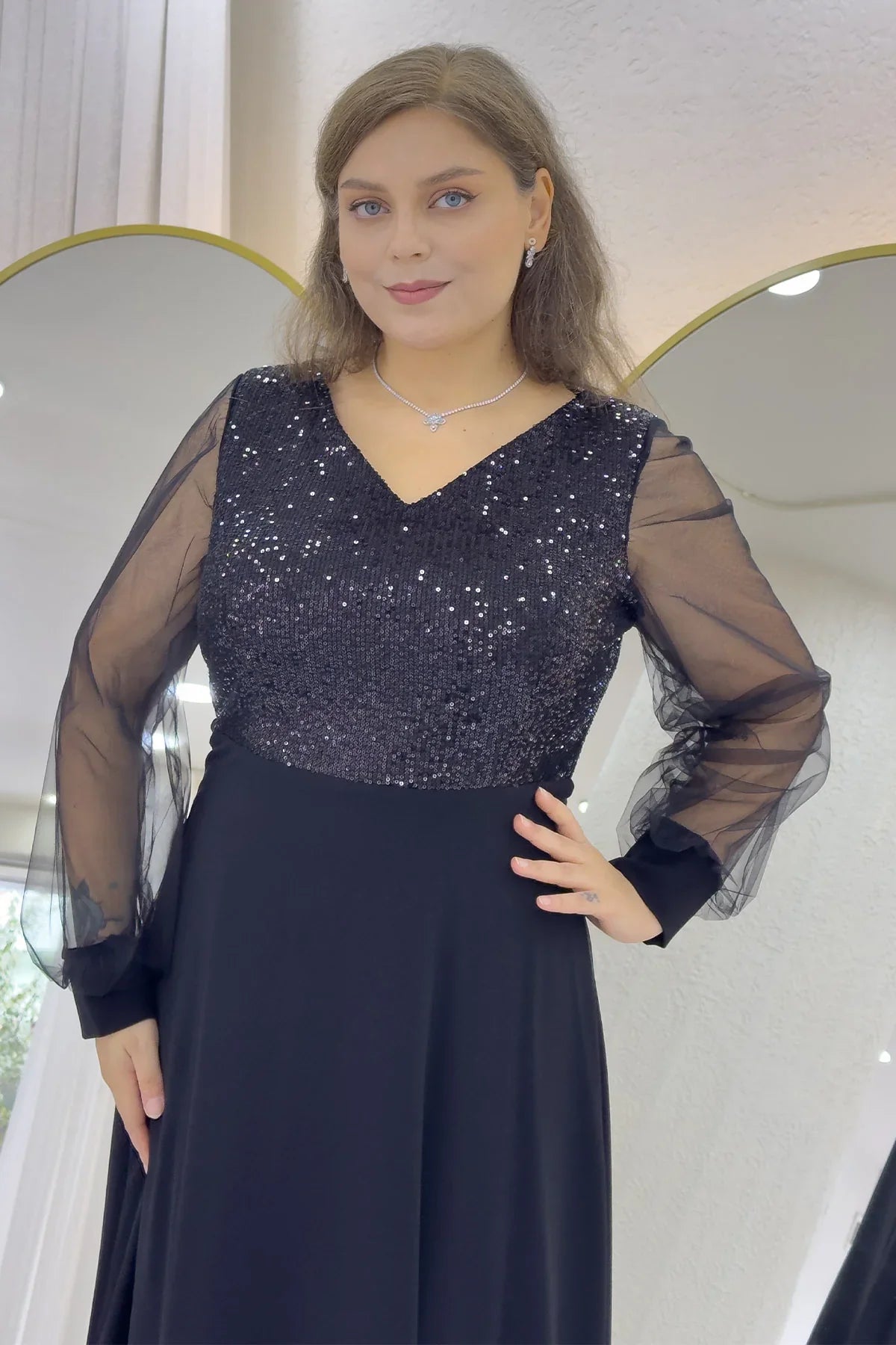 Women's Black Sheer Sleeve Sequin Plus Size Evening Gown