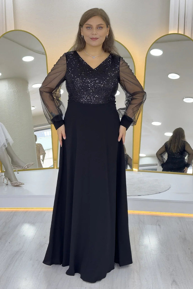 Women's Black Sheer Sleeve Sequin Plus Size Evening Gown