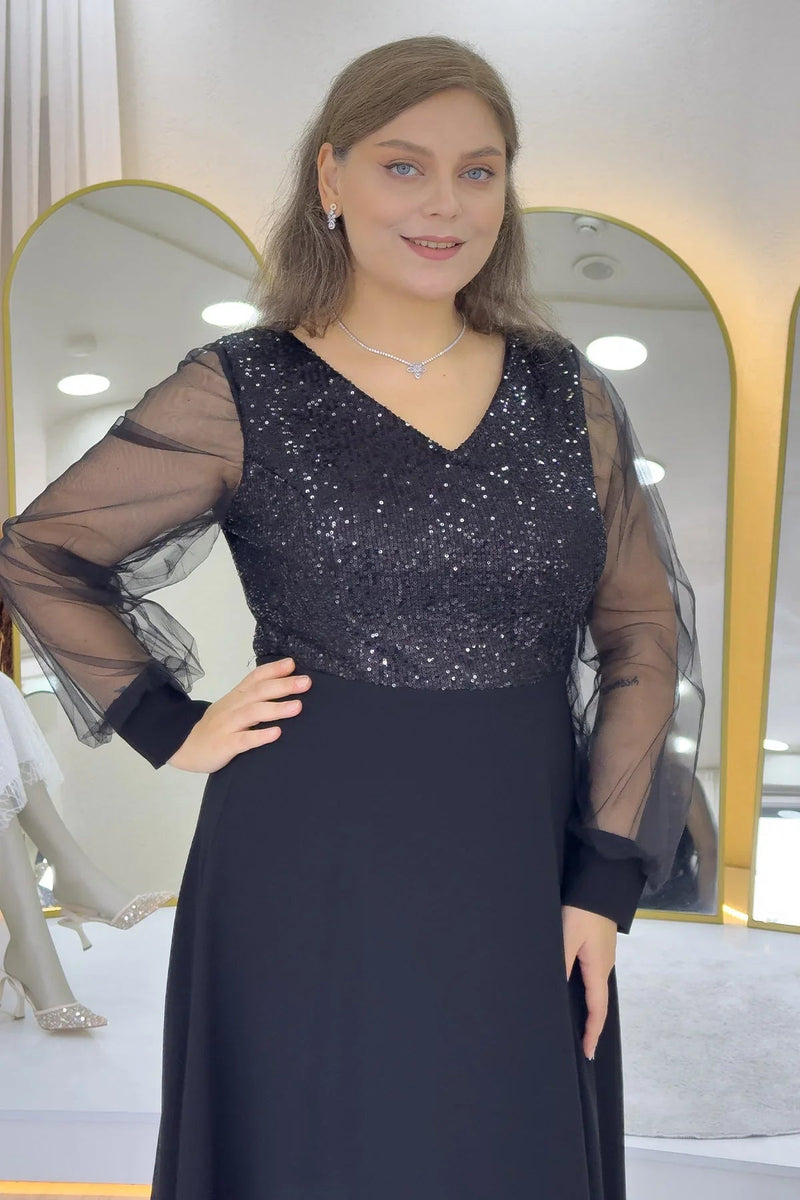 Women's Black Sheer Sleeve Sequin Plus Size Evening Gown