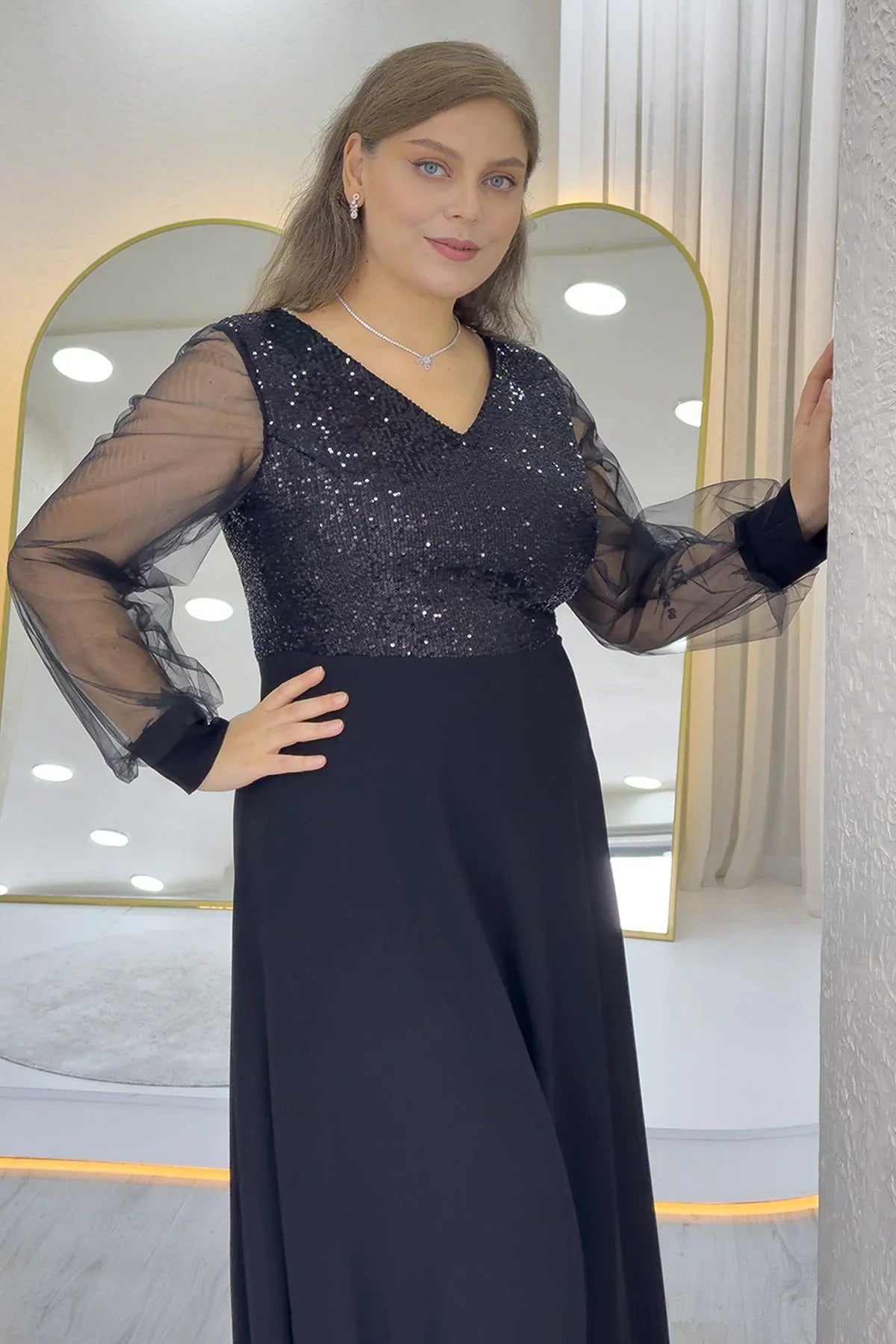 Women's Black Sheer Sleeve Sequin Plus Size Evening Gown