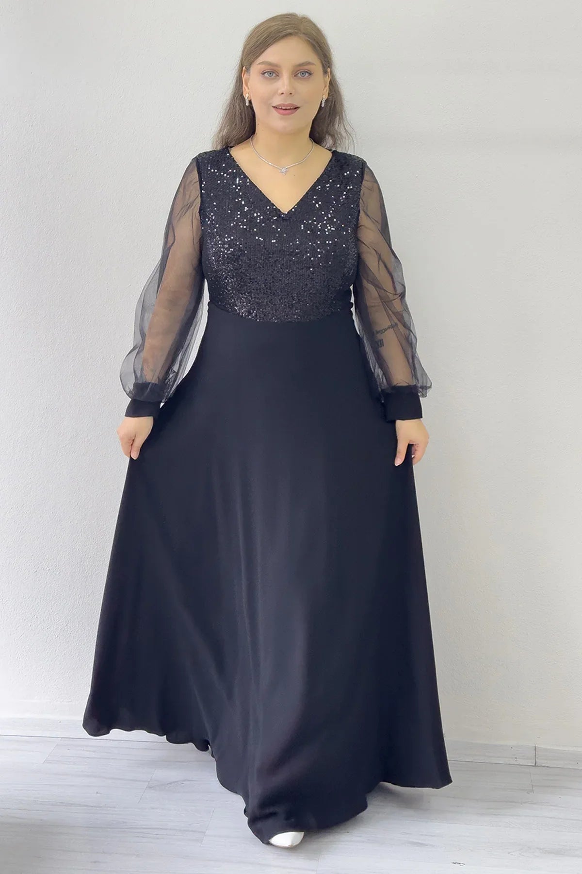 Women's Black Sheer Sleeve Sequin Plus Size Evening Gown