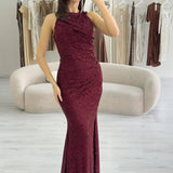 Burgundy Halter Neck Glitter Evening Dress