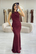 Burgundy Halter Neck Glitter Evening Dress