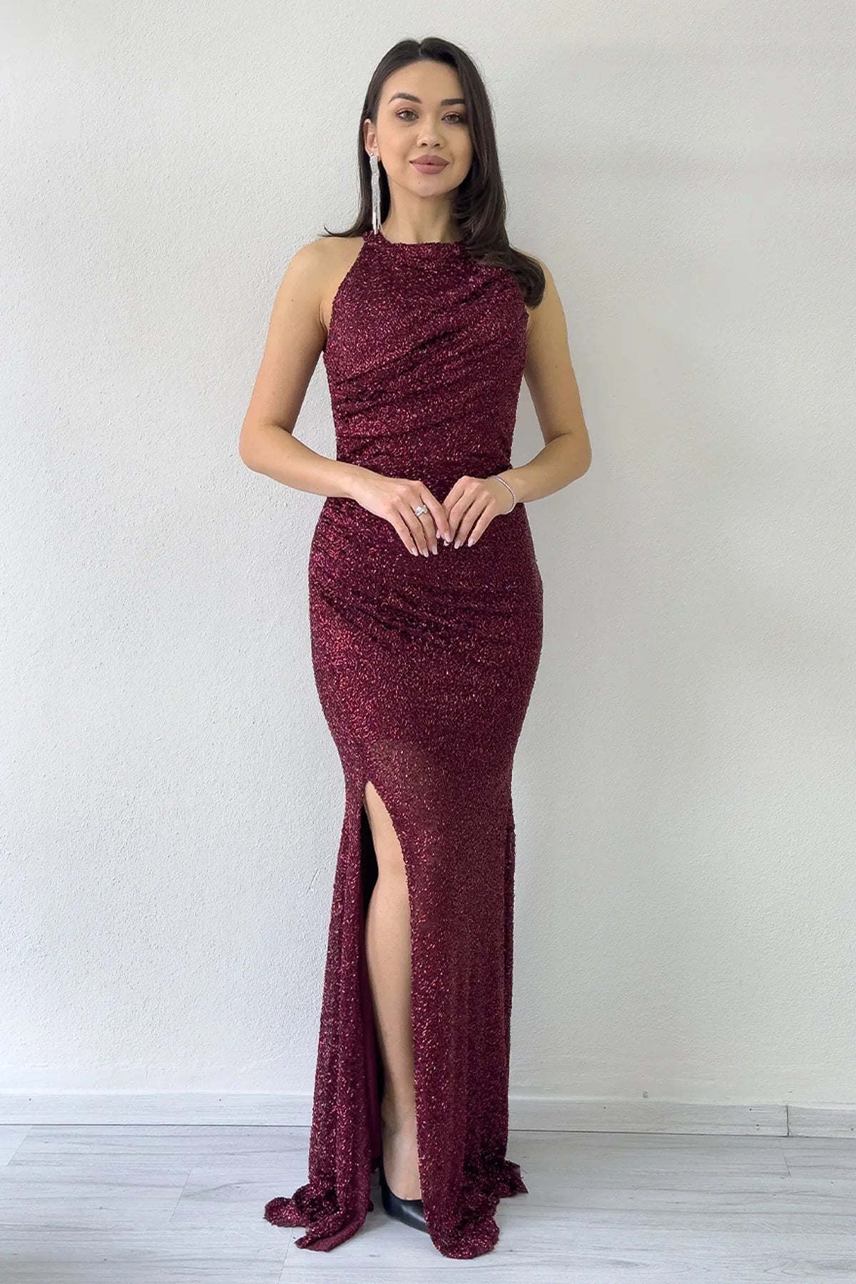 Women's Burgundy Embellished Halter Neck Draped Slit Evening Gown