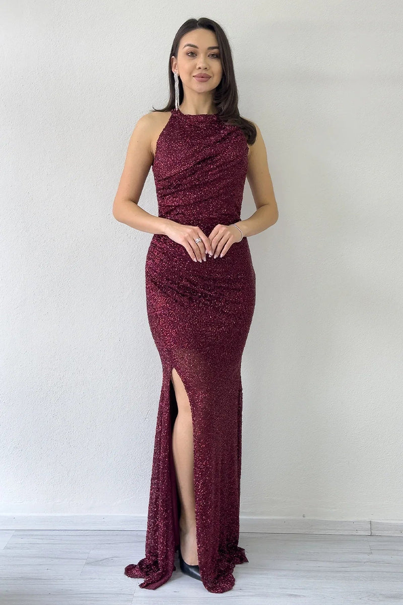 Women's Burgundy Embellished Halter Neck Draped Slit Evening Gown