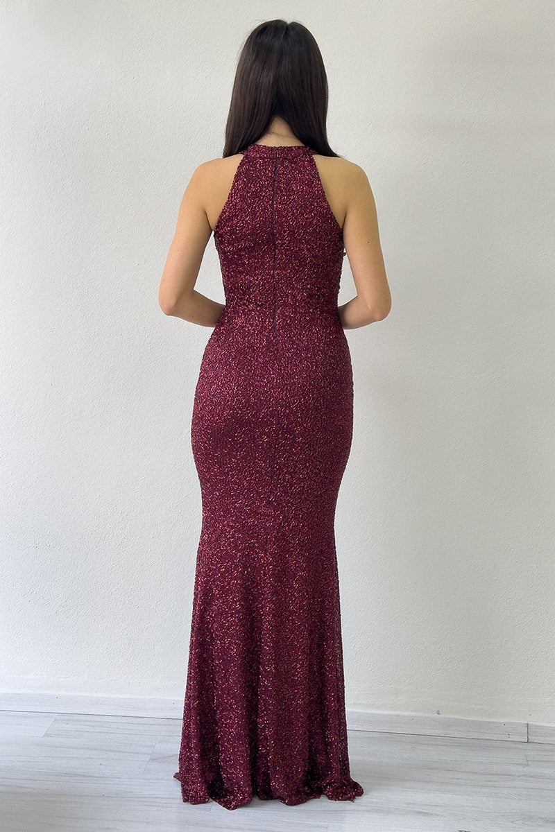 Women's Burgundy Embellished Halter Neck Draped Slit Evening Gown