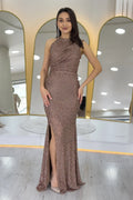 Gold Halter Neck Glitter Evening Dress