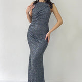 Silver Halter Neck Glitter Evening Dress
