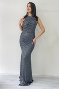 Silver Halter Neck Glitter Evening Dress