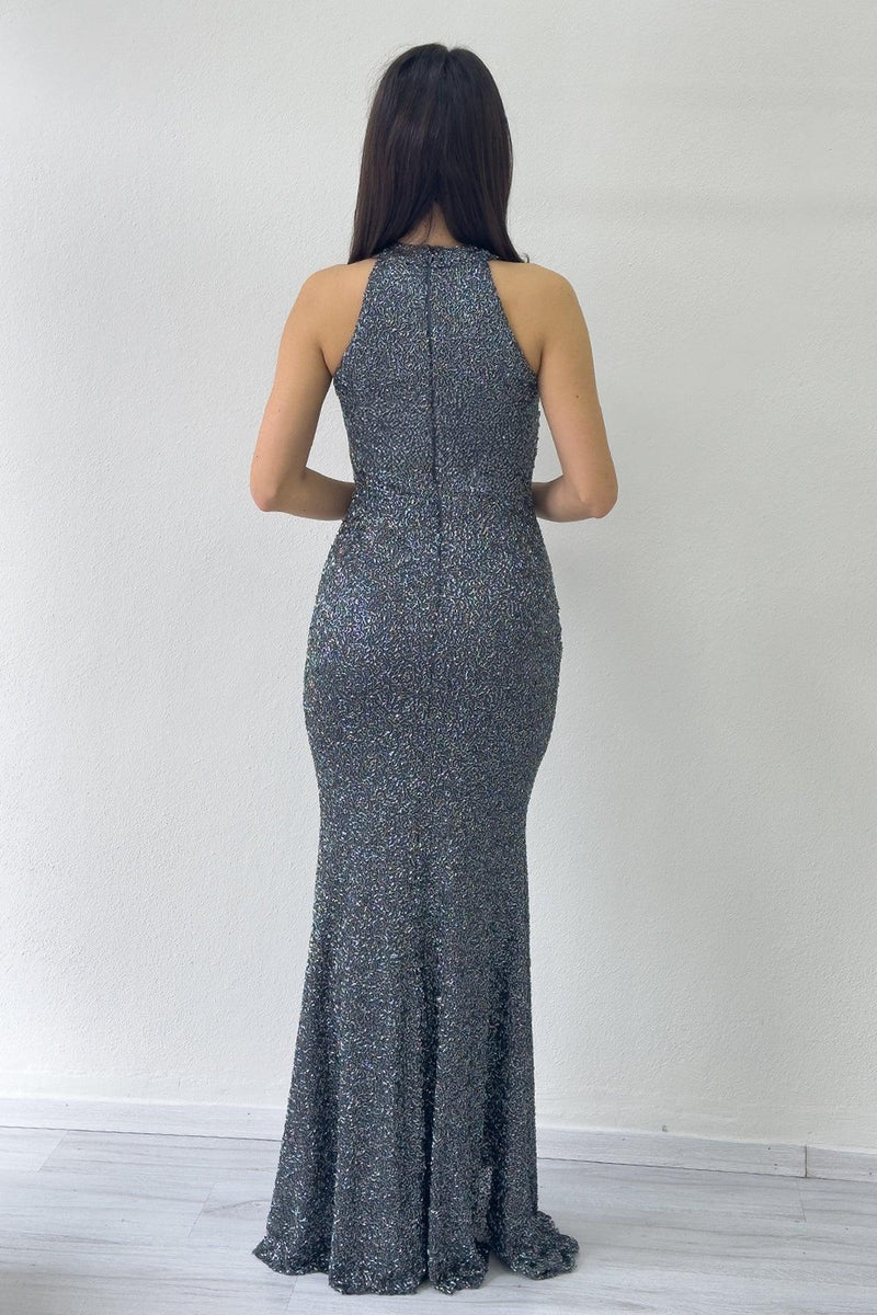 Women's Silver Embellished Halter Neck Draped Slit Evening Gown