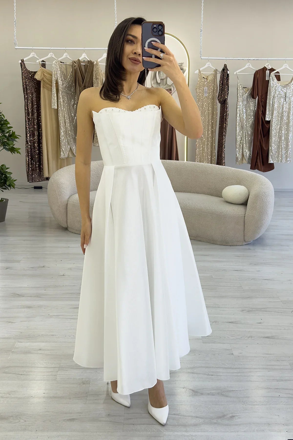 Women's White Beaded Strapless Corset Görünümlü Midi Prenses Nikah Evening Gown