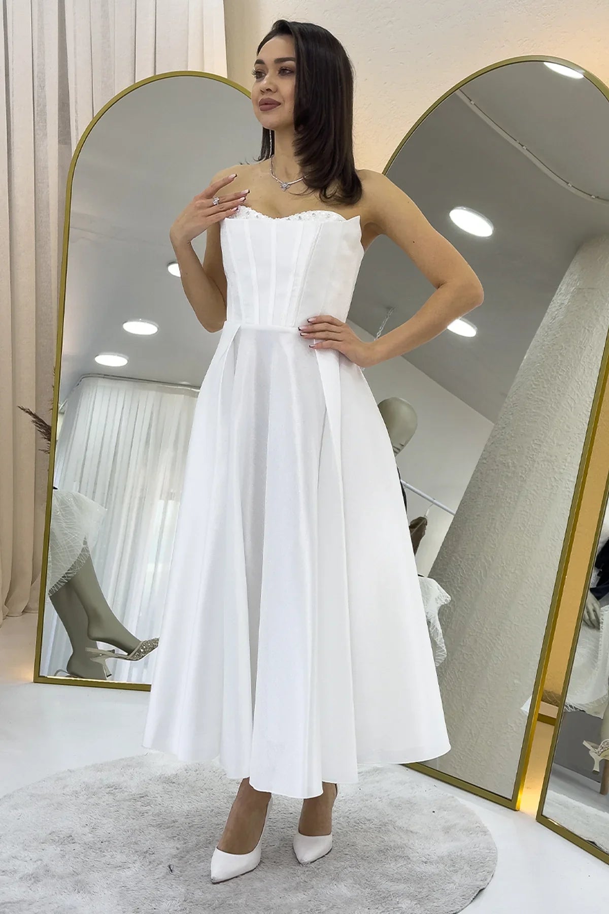 Women's White Beaded Strapless Corset Görünümlü Midi Prenses Nikah Evening Gown