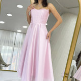 Pink Strapless Midi Length Evening Dress