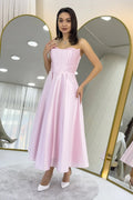 Pink Strapless Midi Length Evening Dress