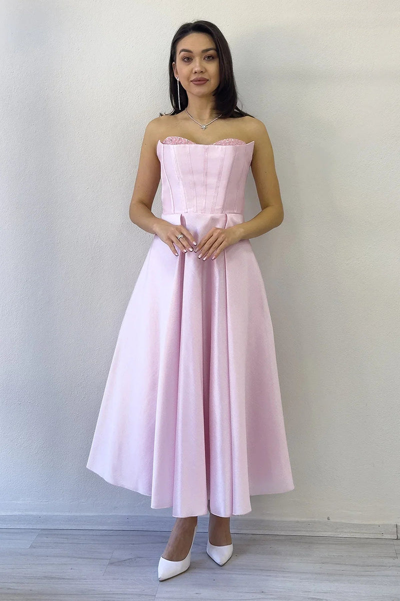 Women's Powder Pink Beaded Strapless Corset Görünümlü Midi Prenses Evening Gown