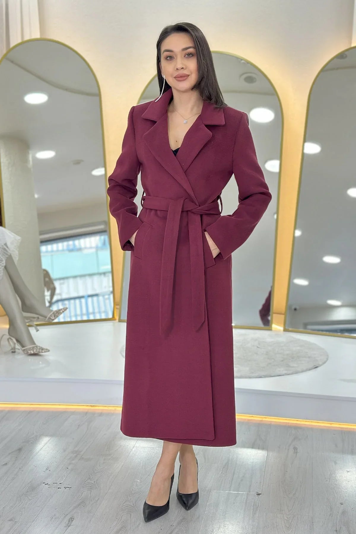 Women's Burgundy Lined Belted Wool Blend Coat