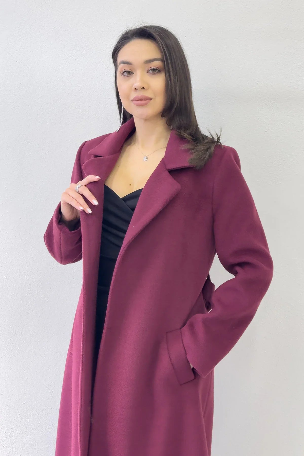 Women's Burgundy Lined Belted Wool Blend Coat