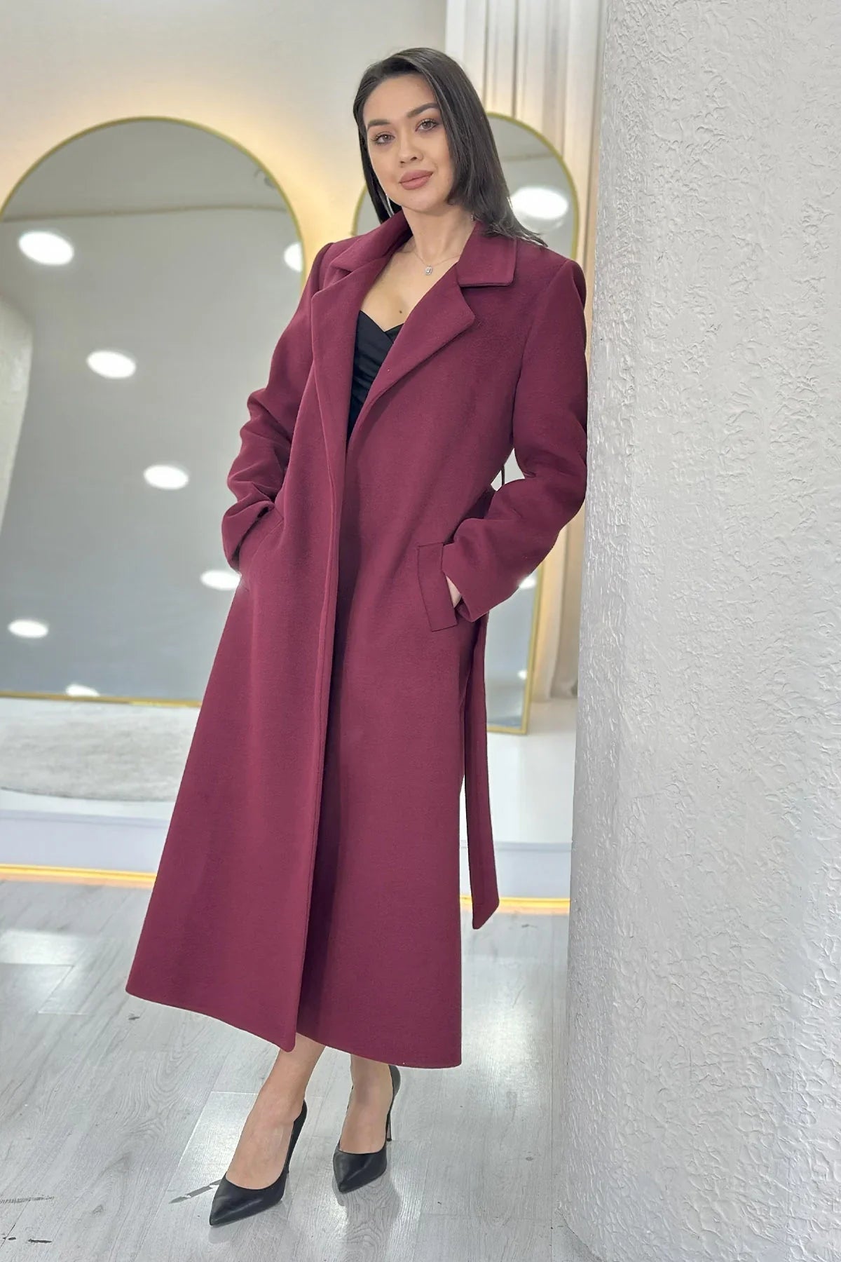 Women's Burgundy Lined Belted Wool Blend Coat