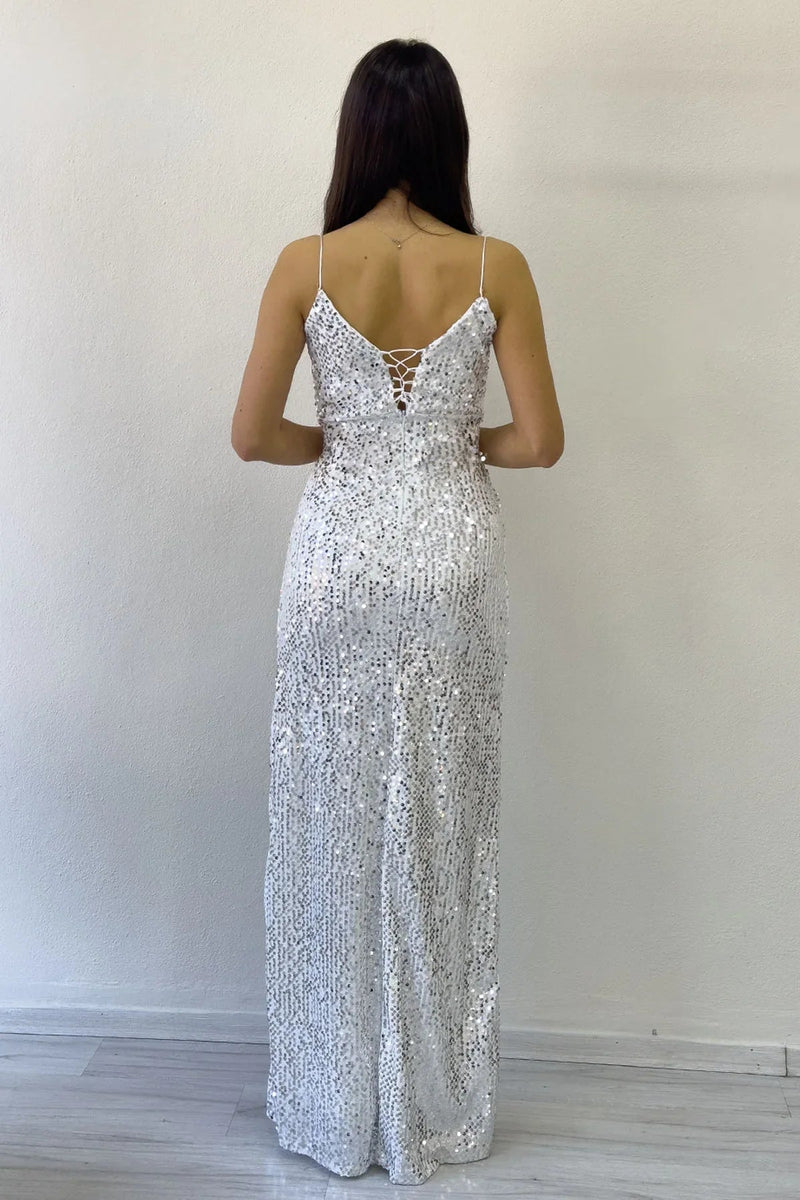 Women's White Spaghetti Strap Sequin Slit Evening Gown
