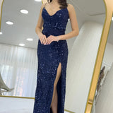 Navy Blue Deep Slit Sequin Evening Dress