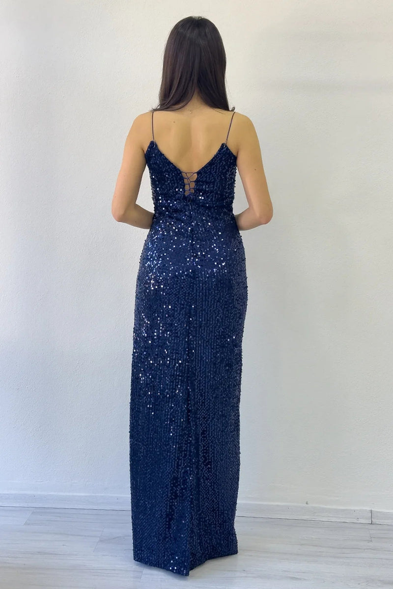 Women's Navy Blue Spaghetti Strap Sequin Slit Evening Gown