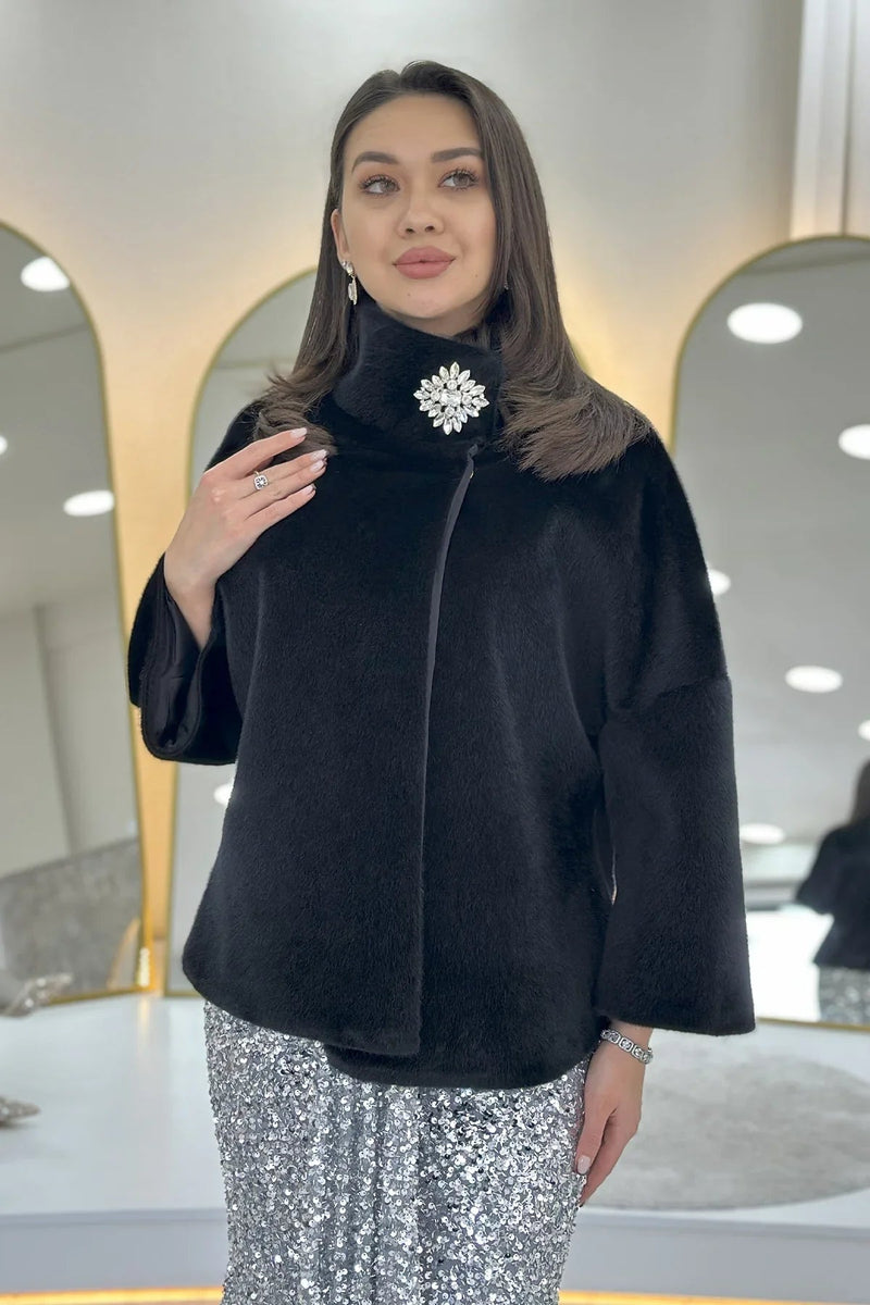 Women's Black High Neck Crystal Embellished Evening Gown Fur Coat