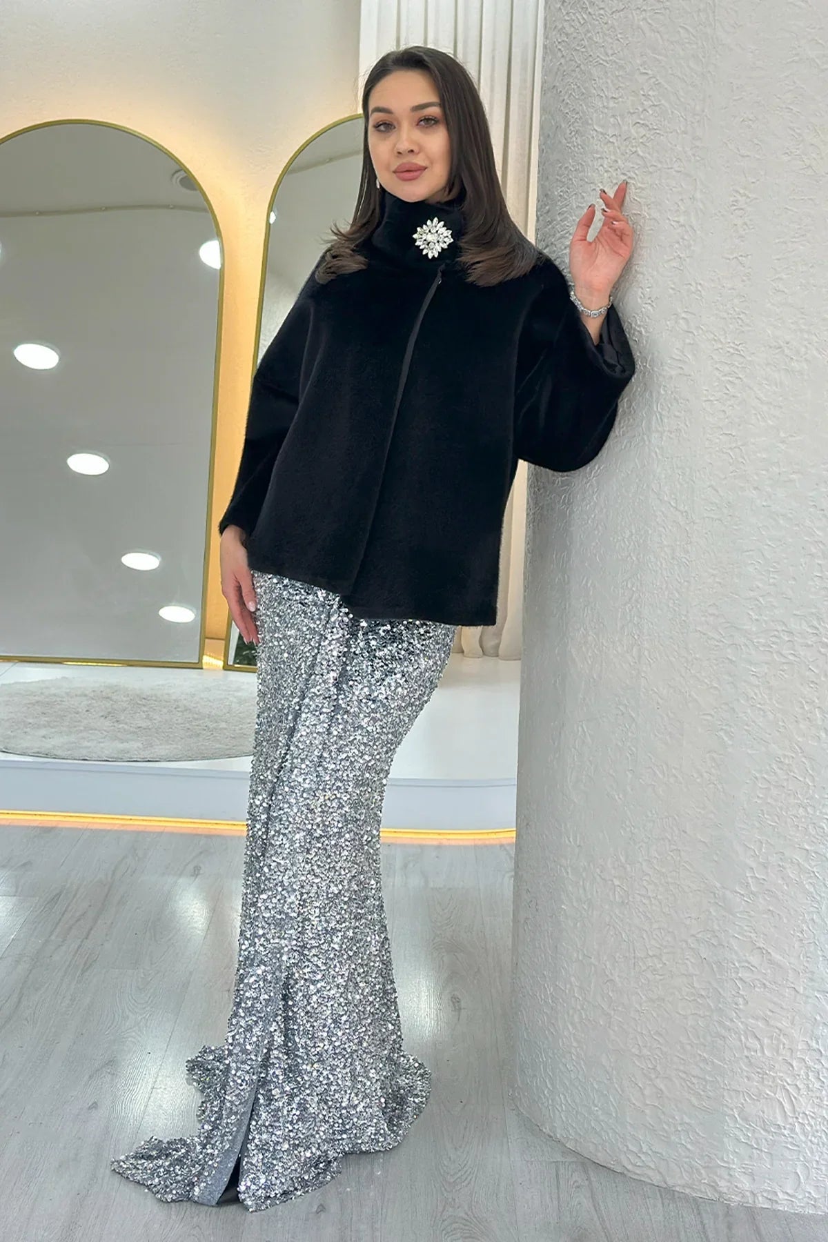 Women's Black High Neck Crystal Embellished Evening Gown Fur Coat