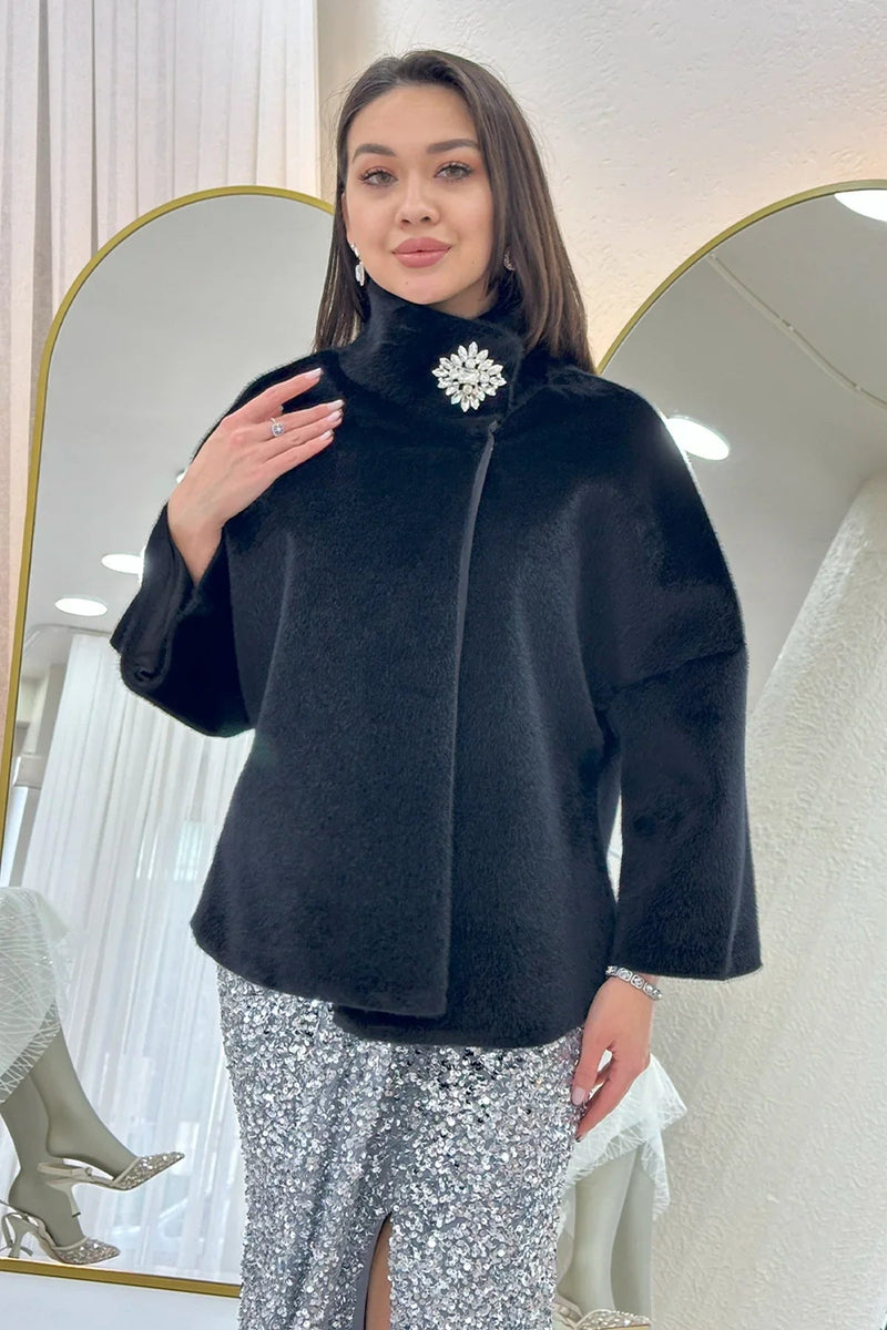 Women's Black High Neck Crystal Embellished Evening Gown Fur Coat