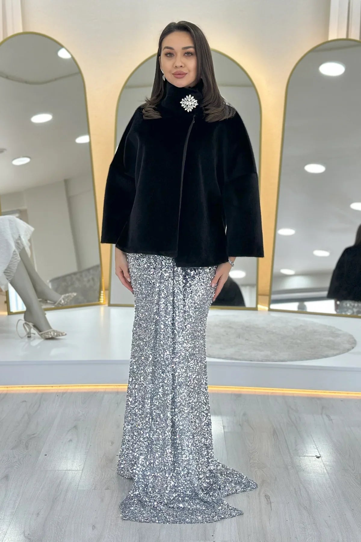 Women's Black High Neck Crystal Embellished Evening Gown Fur Coat