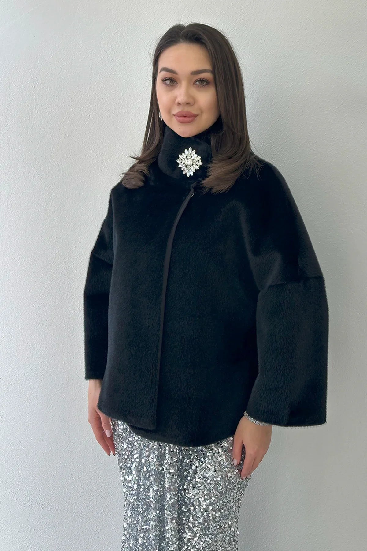 Women's Black High Neck Crystal Embellished Evening Gown Fur Coat