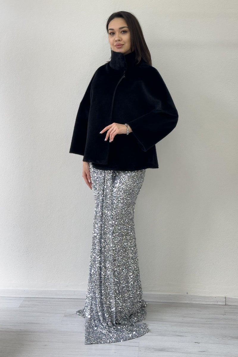 Women's Black High Neck Crystal Embellished Evening Gown Fur Coat