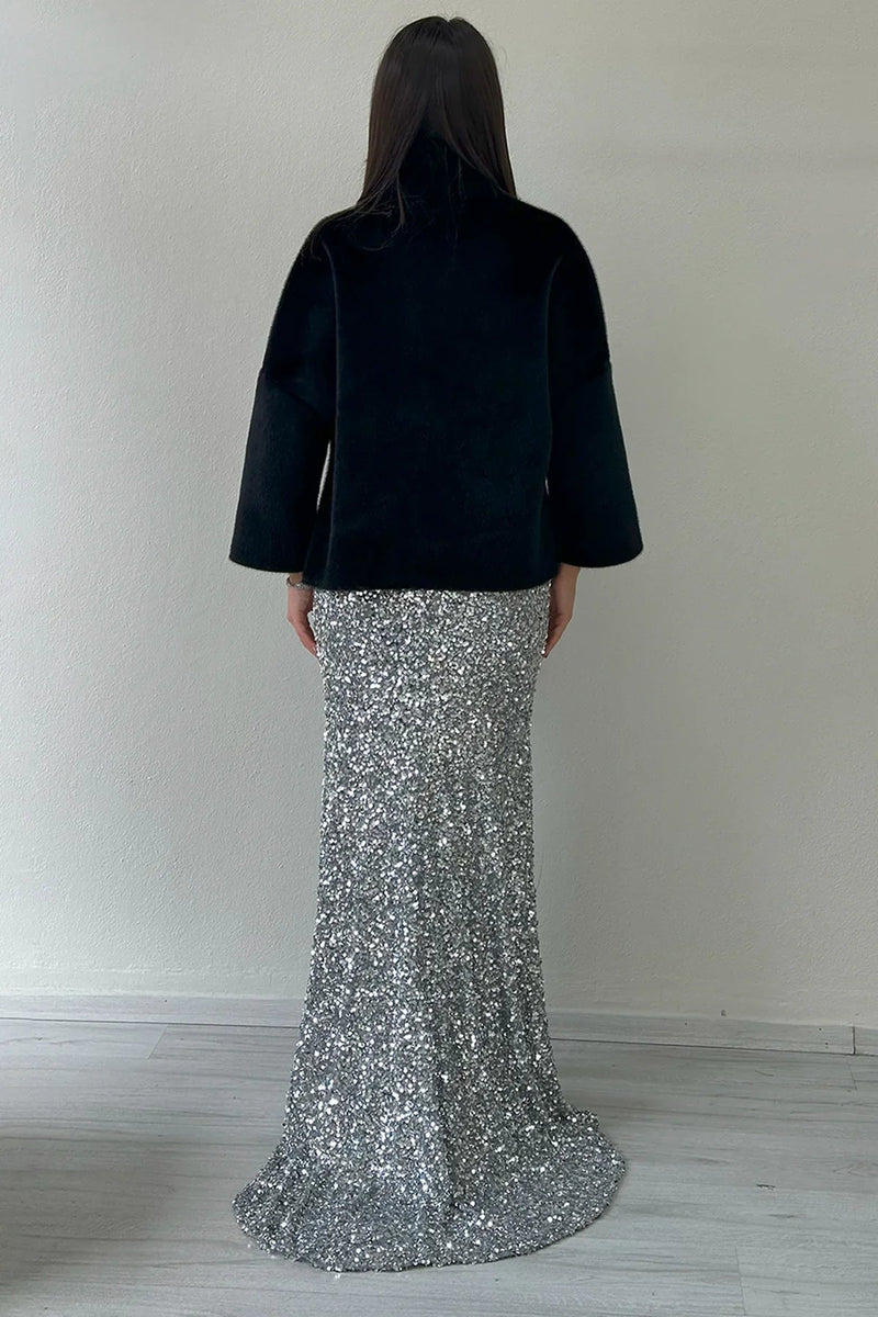 Women's Black High Neck Crystal Embellished Evening Gown Fur Coat