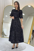 Black Balloon Sleeve Sequin Midi Evening Dress